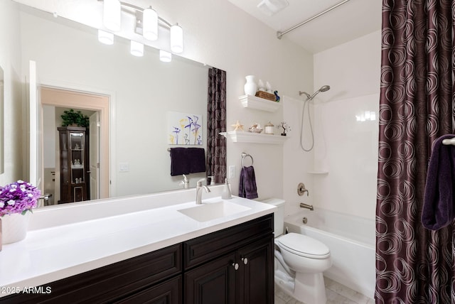 full bath featuring visible vents, toilet, tile patterned floors, vanity, and shower / bath combo with shower curtain