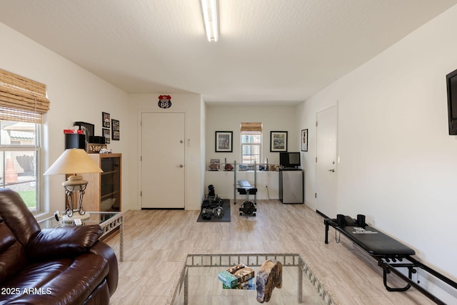 living room featuring light wood-style flooring and a textured ceiling