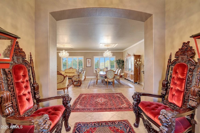 tiled living room with an inviting chandelier, baseboards, arched walkways, and crown molding