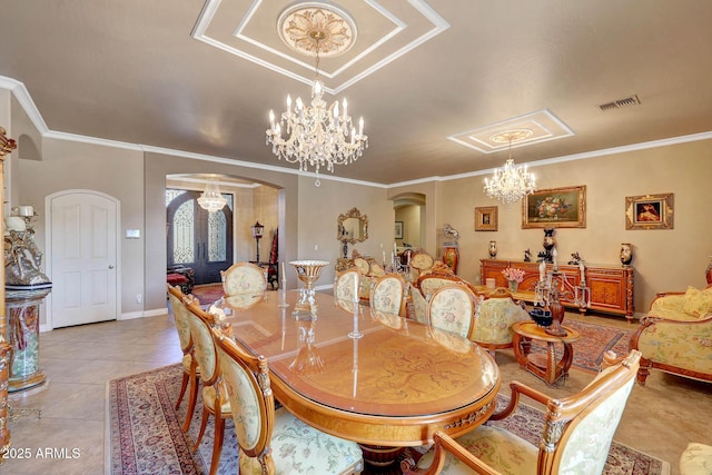 dining area with arched walkways, light tile patterned floors, ornamental molding, and a notable chandelier