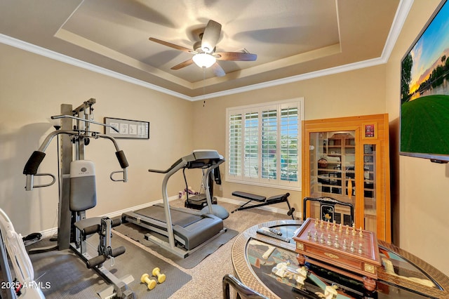 exercise area featuring ornamental molding, a tray ceiling, baseboards, and a ceiling fan