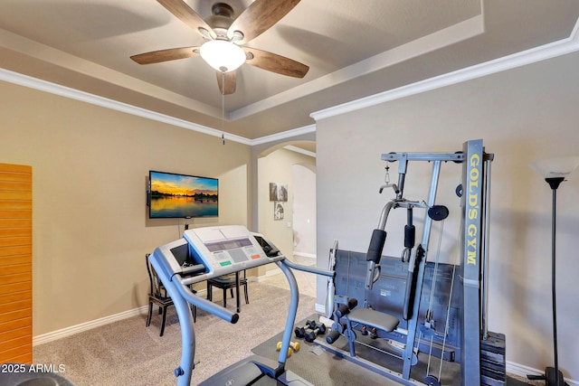 exercise room featuring arched walkways, a tray ceiling, and ornamental molding