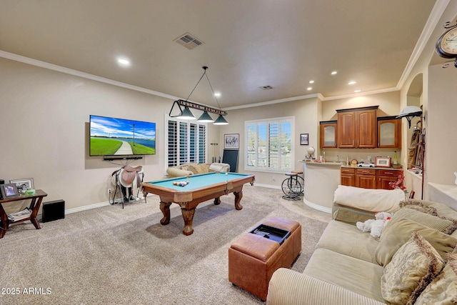 rec room featuring baseboards, billiards, visible vents, and light colored carpet