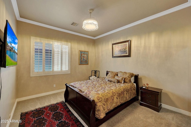 bedroom featuring ornamental molding, carpet, visible vents, and baseboards