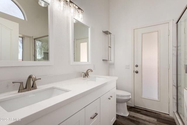 bathroom with wood finished floors, toilet, double vanity, and a shower with shower door