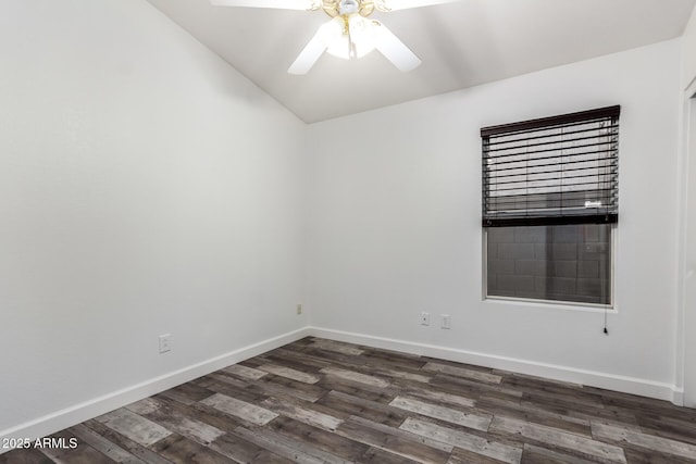 unfurnished room with a ceiling fan, lofted ceiling, baseboards, and dark wood-style flooring