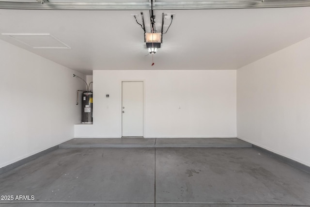 garage with water heater, baseboards, and a garage door opener
