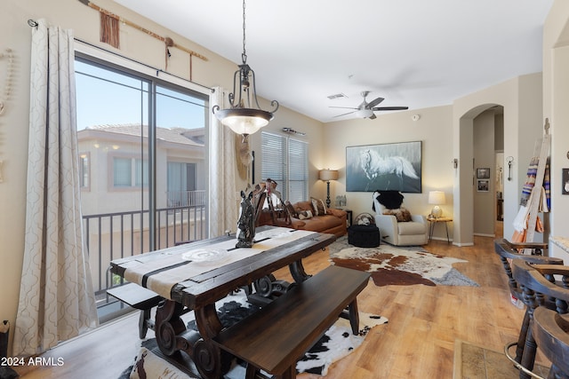 dining space featuring ceiling fan and light hardwood / wood-style flooring