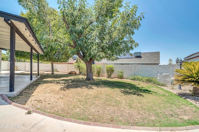 view of yard with a fenced backyard and a patio