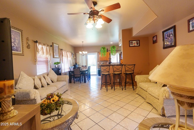 111 N Soho Pl, Chandler, AZ 85225 - living area with light tile patterned flooring, a chandelier, and ceiling fan