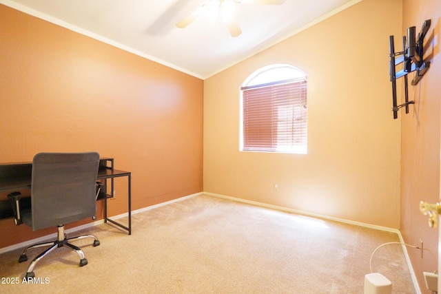 111 N Soho Pl, Chandler, AZ 85225 - carpeted office featuring crown molding, ceiling fan, and lofted ceiling