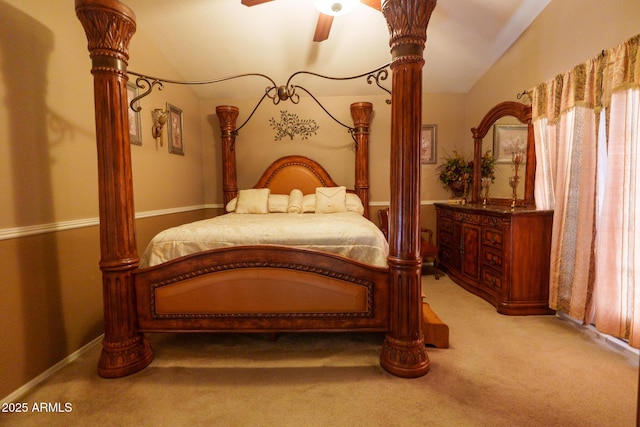 111 N Soho Pl, Chandler, AZ 85225 - bedroom with light carpet, vaulted ceiling, and ceiling fan