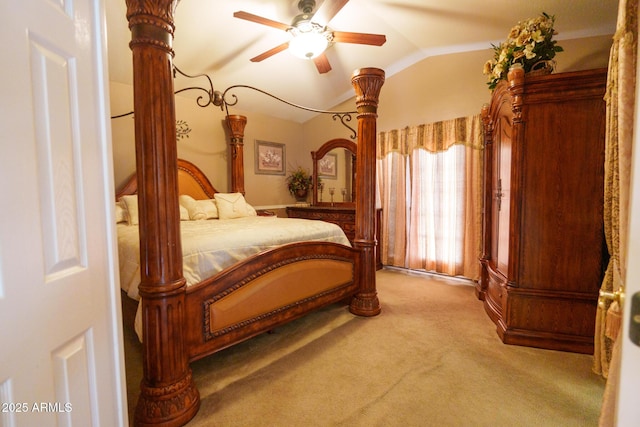 111 N Soho Pl, Chandler, AZ 85225 - bedroom featuring light carpet, lofted ceiling, and a ceiling fan