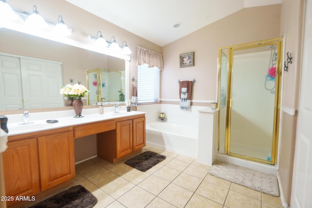 111 N Soho Pl, Chandler, AZ 85225 - full bath featuring a stall shower, a bath, double vanity, vaulted ceiling, and tile patterned floors