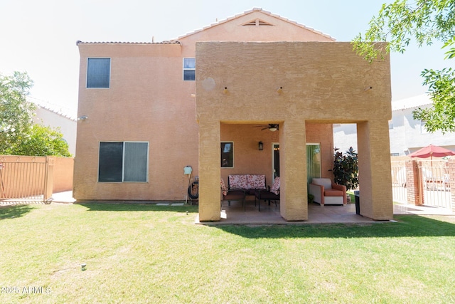 111 N Soho Pl, Chandler, AZ 85225 - rear view of property with an outdoor hangout area, a fenced backyard, stucco siding, and a patio