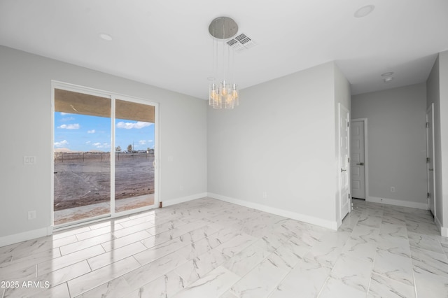 spare room with marble finish floor, visible vents, a notable chandelier, and baseboards