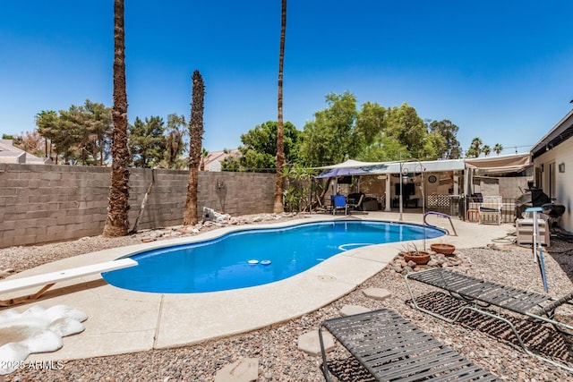 2062 S Emerson, Mesa, AZ 85210 - view of pool with a fenced backyard, a patio, and a diving board
