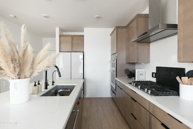 kitchen with light wood-type flooring, appliances with stainless steel finishes, wall chimney range hood, and sink