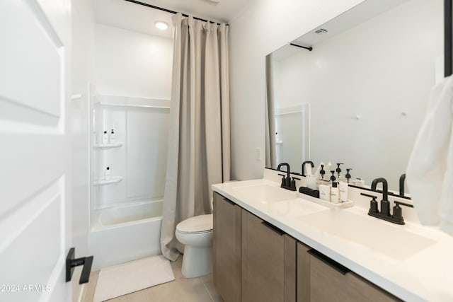 full bathroom with toilet, tile patterned flooring, vanity, and shower / tub combo with curtain