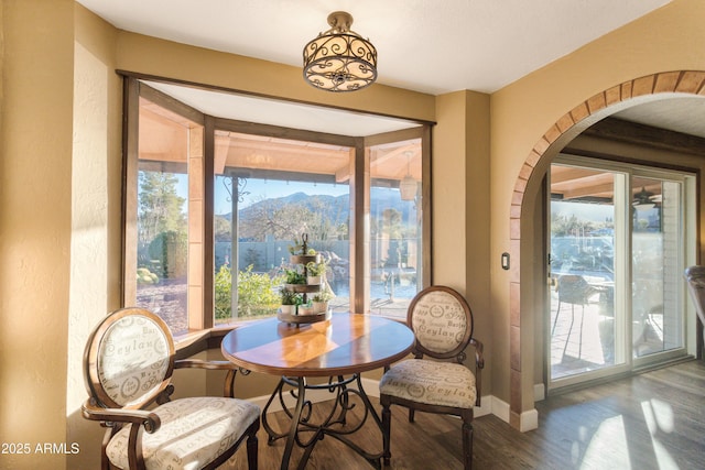 dining space featuring a mountain view, a healthy amount of sunlight, and wood-type flooring