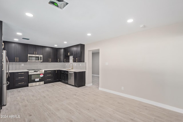 kitchen featuring appliances with stainless steel finishes, sink, backsplash, and light wood-type flooring