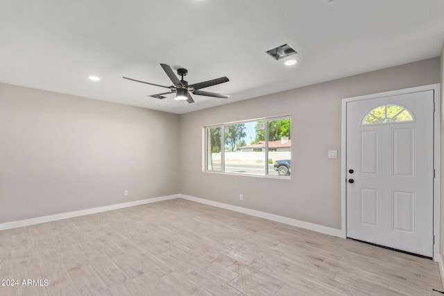 entrance foyer featuring ceiling fan and light wood-type flooring