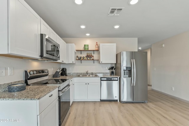 459 Brandeis Dr, Morristown, AZ 85342 - kitchen with open shelves, visible vents, a sink, light wood-type flooring, and appliances with stainless steel finishes