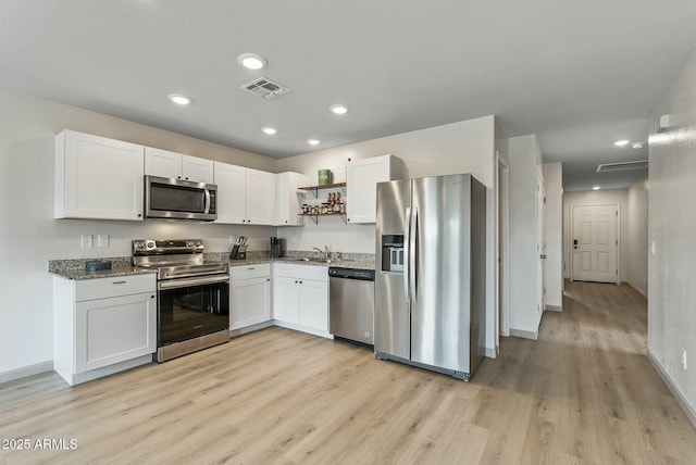 459 Brandeis Dr, Morristown, AZ 85342 - kitchen featuring open shelves, light wood finished floors, white cabinets, appliances with stainless steel finishes, and visible vents
