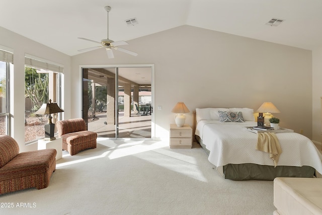 carpeted bedroom with access to exterior, ceiling fan, and lofted ceiling