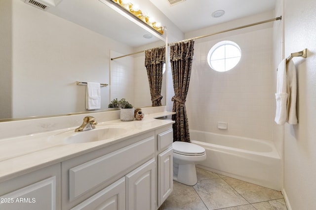 full bathroom featuring tile patterned floors, vanity, shower / bathtub combination with curtain, and toilet