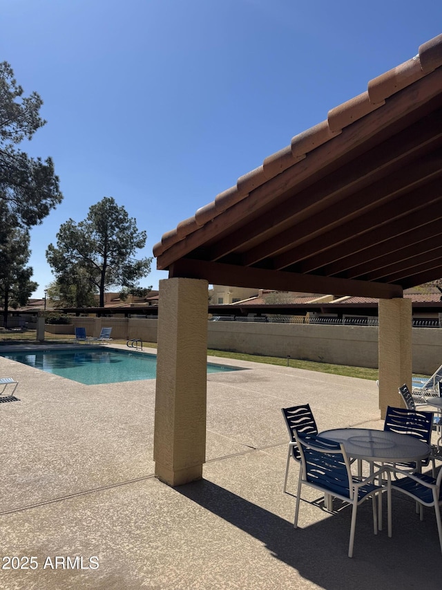 view of pool featuring a fenced in pool, a patio, and fence