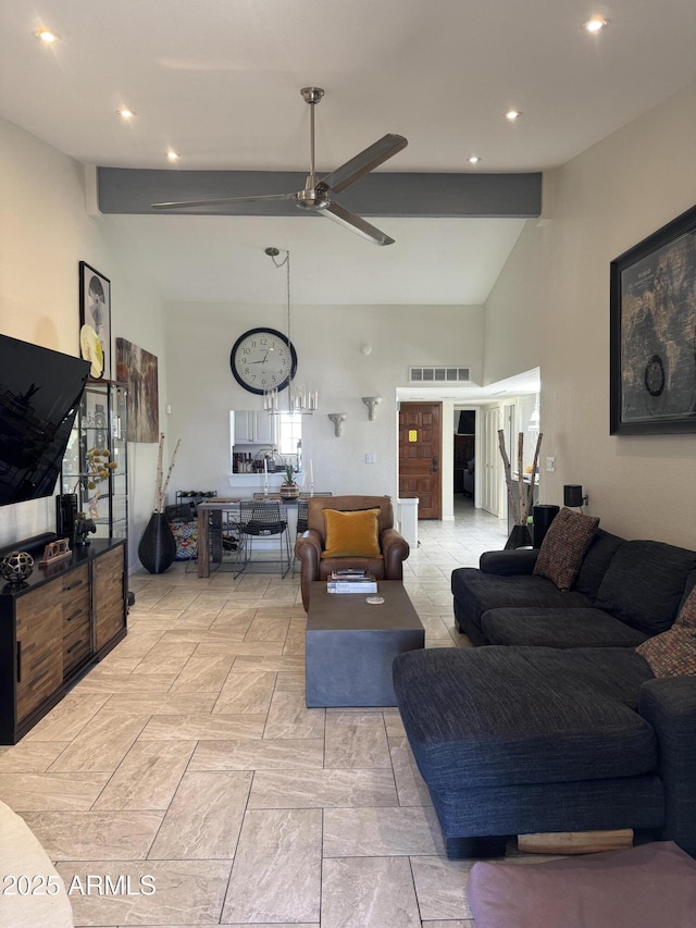 living room featuring a ceiling fan, visible vents, high vaulted ceiling, beam ceiling, and recessed lighting