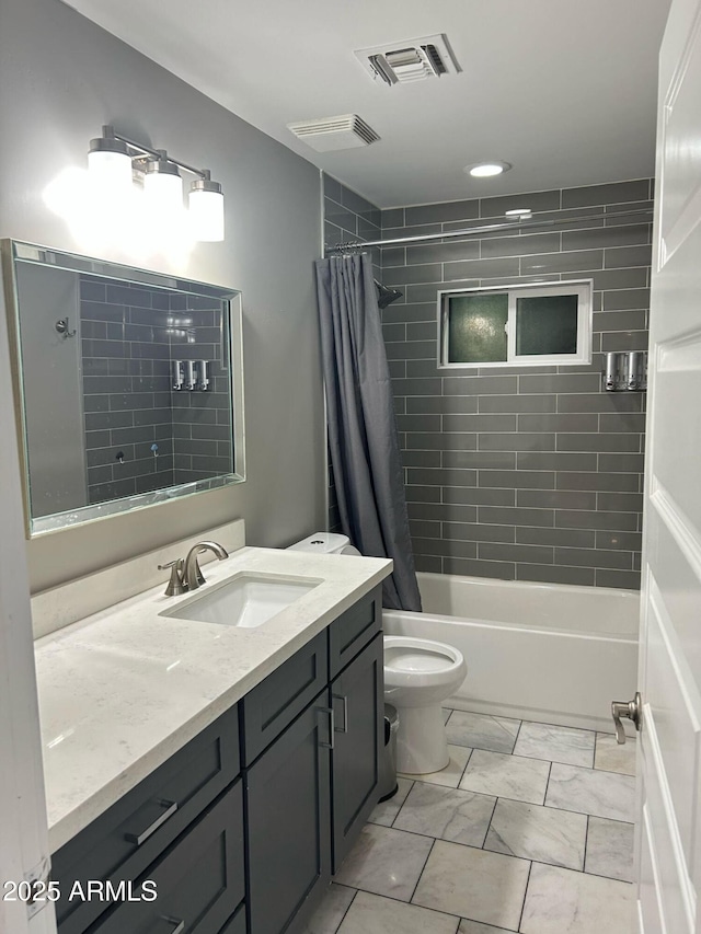 7635 E Verde Ln, Scottsdale, AZ 85251 - bathroom featuring shower / bath combo, vanity, toilet, marble finish floor, and visible vents