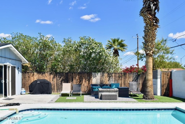 7635 E Verde Ln, Scottsdale, AZ 85251 - view of swimming pool with fence private yard, a fenced in pool, a patio, an outdoor hangout area, and area for grilling