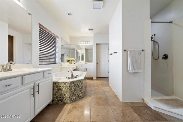 12943 W Mclellan Rd, Glendale, AZ 85307 - bathroom featuring visible vents, walk in shower, a bath, and a sink