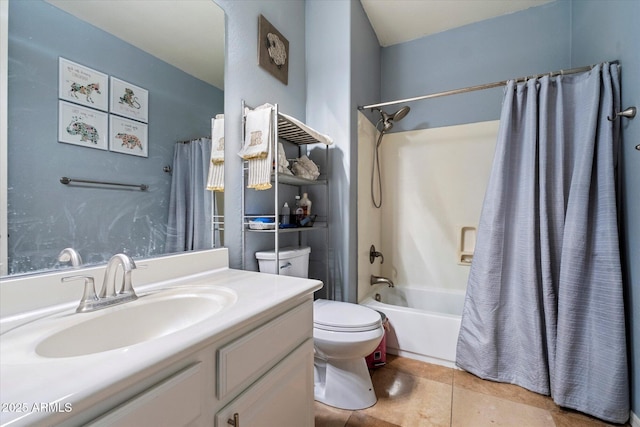12943 W Mclellan Rd, Glendale, AZ 85307 - full bathroom featuring toilet, tile patterned flooring, shower / bath combo with shower curtain, and vanity
