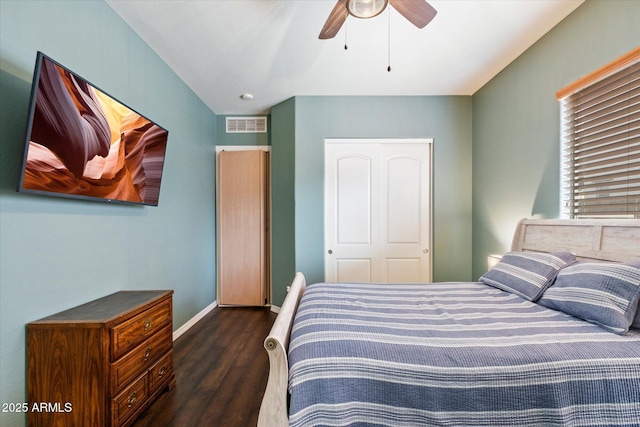 12943 W Mclellan Rd, Glendale, AZ 85307 - bedroom with baseboards, visible vents, ceiling fan, and dark wood-type flooring