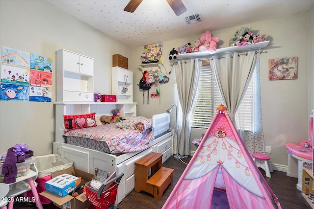 12943 W Mclellan Rd, Glendale, AZ 85307 - bedroom with visible vents, a ceiling fan, and dark wood finished floors