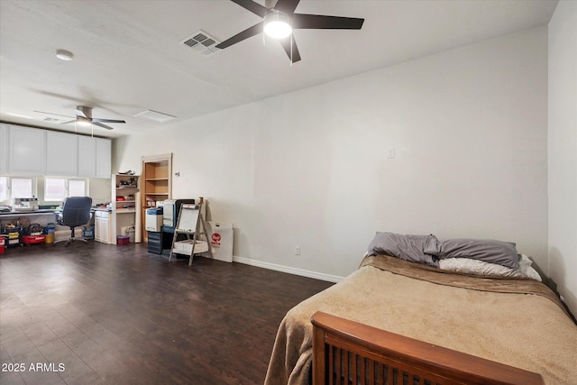 12943 W Mclellan Rd, Glendale, AZ 85307 - bedroom with dark wood-style flooring, visible vents, a ceiling fan, and baseboards