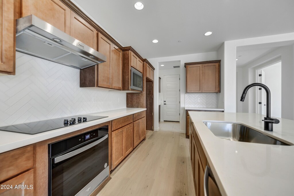 kitchen featuring sink, exhaust hood, stainless steel appliances, light wood-type flooring, and decorative backsplash