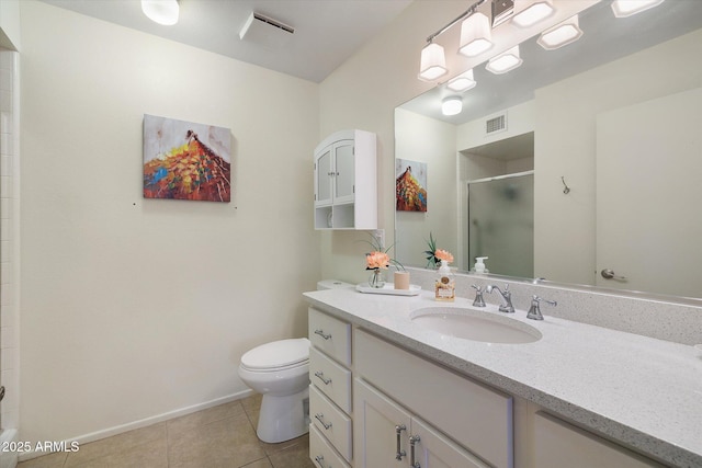 bathroom with visible vents, toilet, a stall shower, tile patterned flooring, and vanity