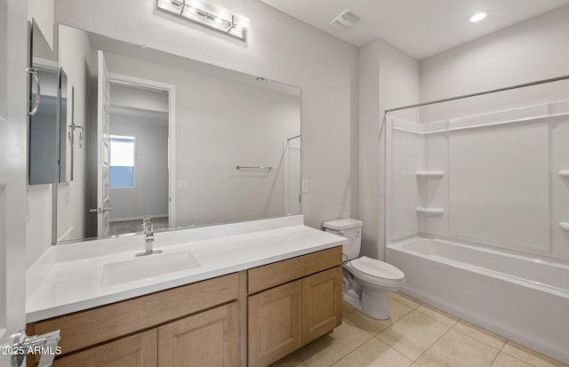 full bath with visible vents, tile patterned flooring, vanity, toilet, and washtub / shower combination