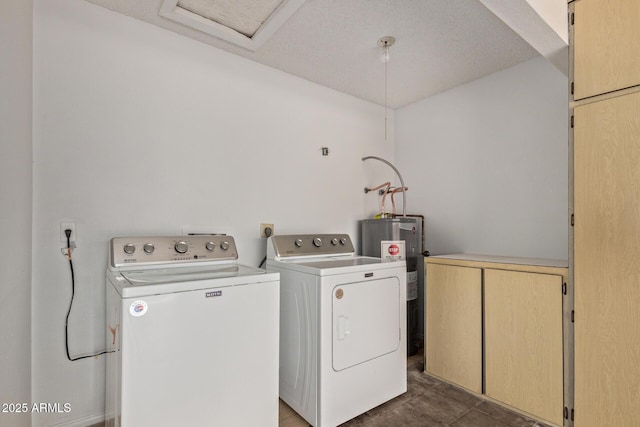 9845 W Behrend Dr, Peoria, AZ 85382 - laundry area with water heater, washer and dryer, cabinet space, and attic access