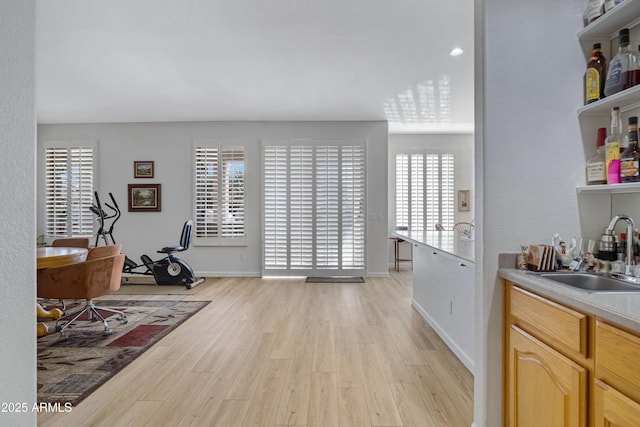 interior space featuring light brown cabinets, light hardwood / wood-style floors, and sink