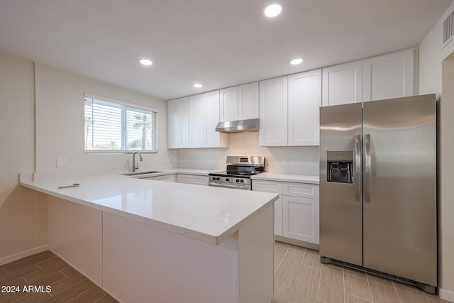 kitchen featuring kitchen peninsula, sink, white cabinetry, and stainless steel appliances