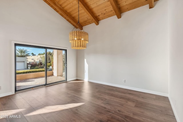 unfurnished room featuring beamed ceiling, high vaulted ceiling, dark hardwood / wood-style floors, and wood ceiling