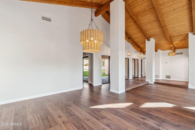 unfurnished room featuring high vaulted ceiling, wooden ceiling, dark hardwood / wood-style floors, and beamed ceiling