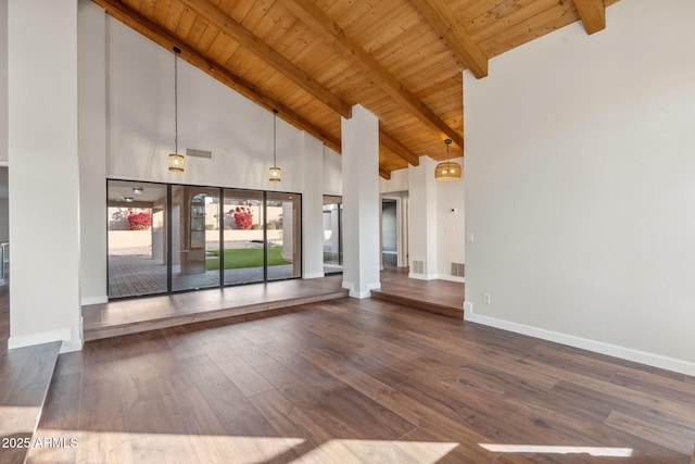 unfurnished living room with high vaulted ceiling, hardwood / wood-style floors, wooden ceiling, and beam ceiling