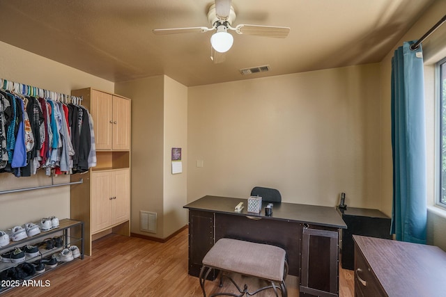 office featuring visible vents, a ceiling fan, and light wood-style flooring