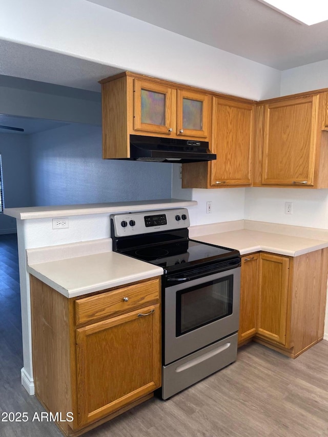 kitchen with stainless steel electric range oven and light hardwood / wood-style floors